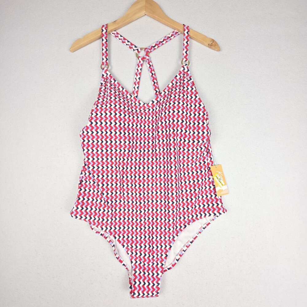 NWT Kona Sol Women One-Piece Swim 16 Red White Blue Gold Ring‎ CrisCross Adjust